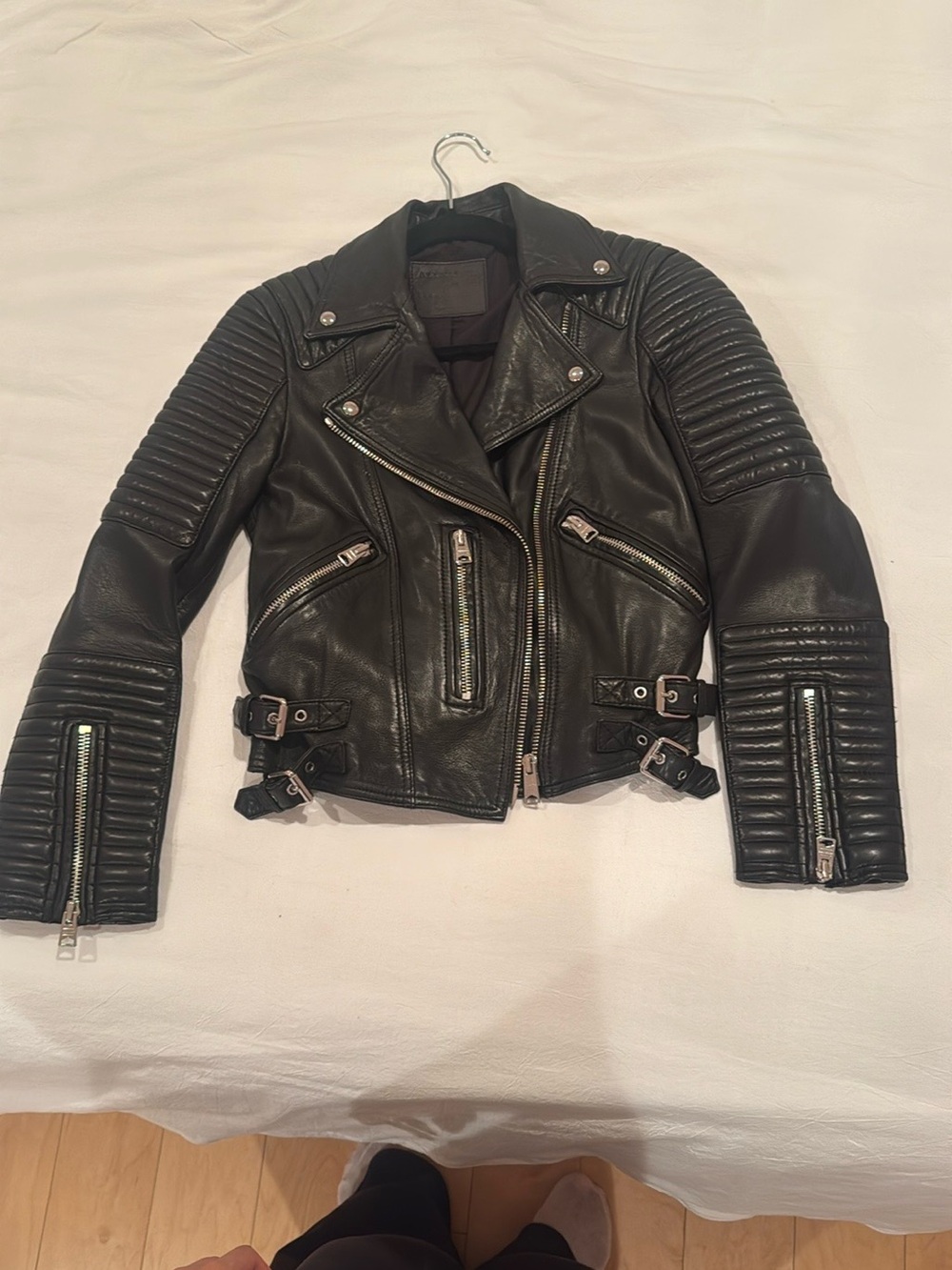 All Saints Black Quilted Moto Leather Jacket with Zip Details